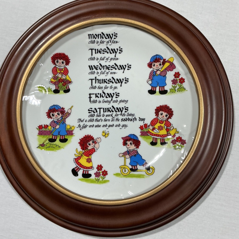Vintage 1973 Raggedy Ann Andy Monday's Child Plate Framed Wall Decor Japan